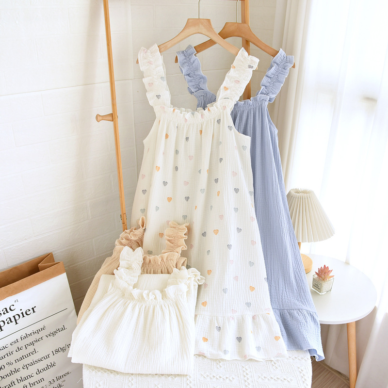 Nightdress Women's Summer Cotton Yarn Pure Cotton Thin Sling Pajamas Loose Mid-length Sweet Cute Long Dress Home Clothes