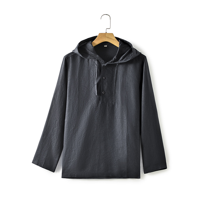 2024 nueva primavera y otoño de lino flojo color sólido con capucha casual Camisa E012