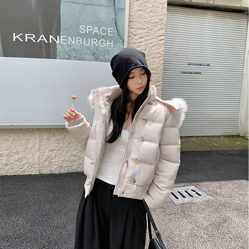 冬季百搭藏青色连帽毛领短款棉衣棉袄女新款保暖加厚羽绒棉服外套|undefined