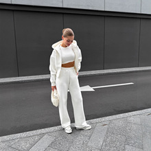 新款休闲运动纯色套装秋冬拉链连帽卫衣外套直筒宽松百搭休闲裤女