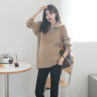 Autumn New Maternity Internet Celebrity Fashion Half-zipper Lapel Sweater Trendy Hot Mom Mid-length Pullover Sweater