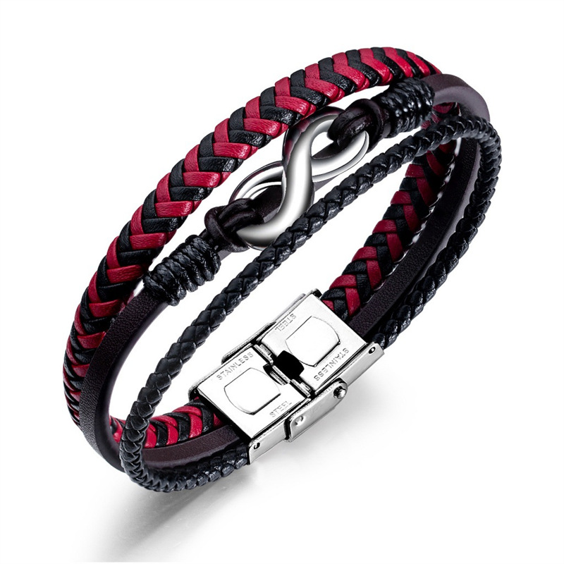 Temu hot sale jewelry cross-border alloy 8-word men's leather bracelet woven multi-layer leather bracelet