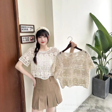 秋季圆领钩花镂空短袖针织衫女新款休闲显瘦百搭韩版洋气小众上衣