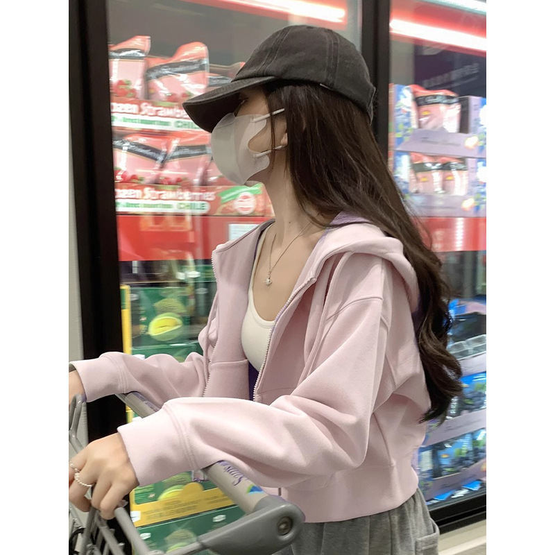 灰色短款连帽卫衣拉链初秋外套女春秋修身小个子韩系开衫上衣秋季|undefined