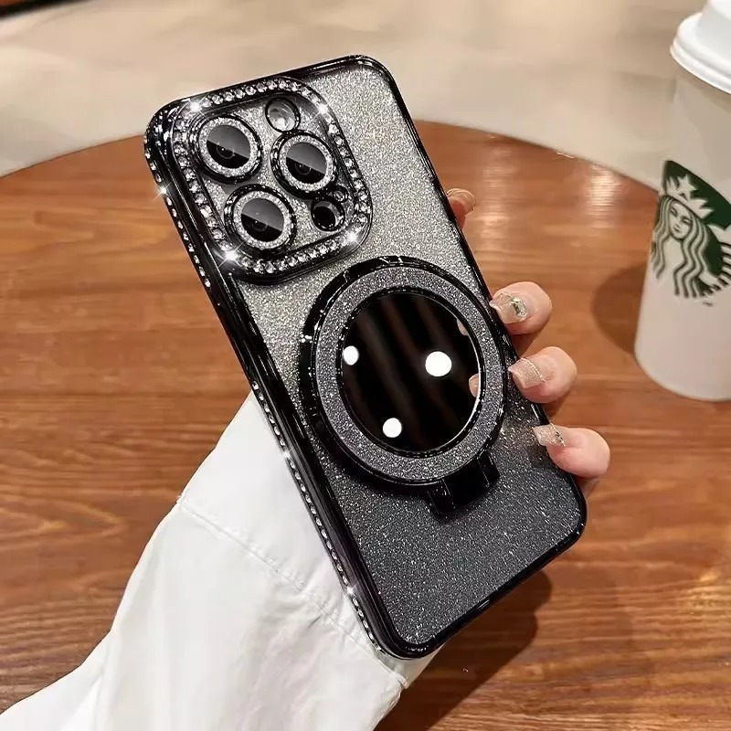 适用苹果17ProMax手机壳补妆镜iPhone16磁吸支架14闪粉边钻电镀15|undefined