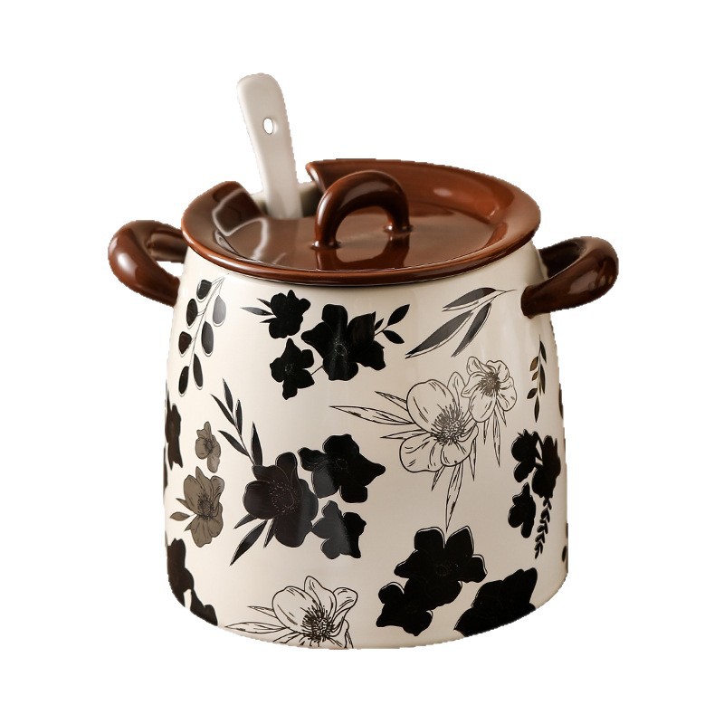 Tanque de aceite de cerdo, cerámica, flores antiguas, caja de condimentos de gran capacidad para el hogar, botella de tanque de condimento, olla de aceite de carne de chile de cocina