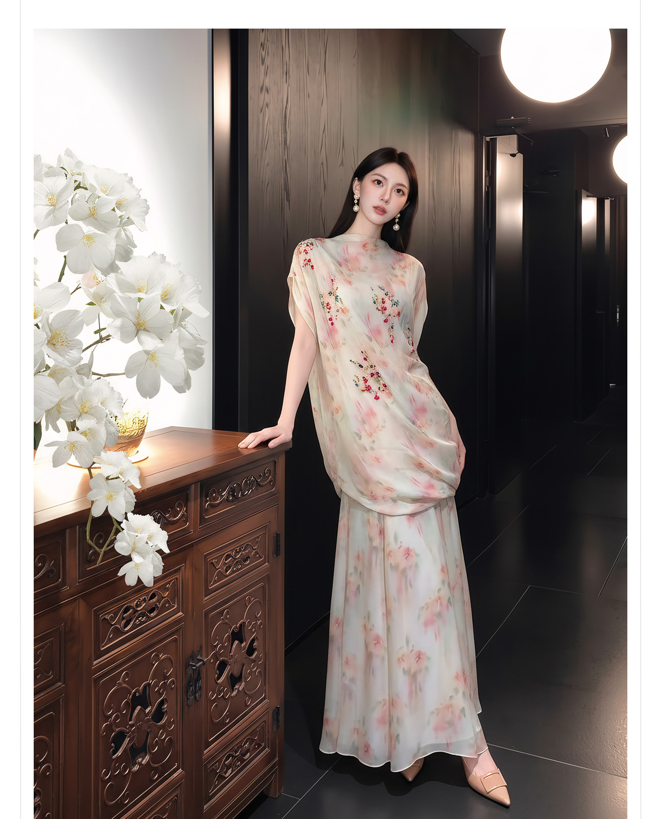 Bộ váy áo maxi thắt eo họa tiết hoa phong cách tân cổ điển — Trang chủ, bộ đồ, nửa váy chi tiết 6