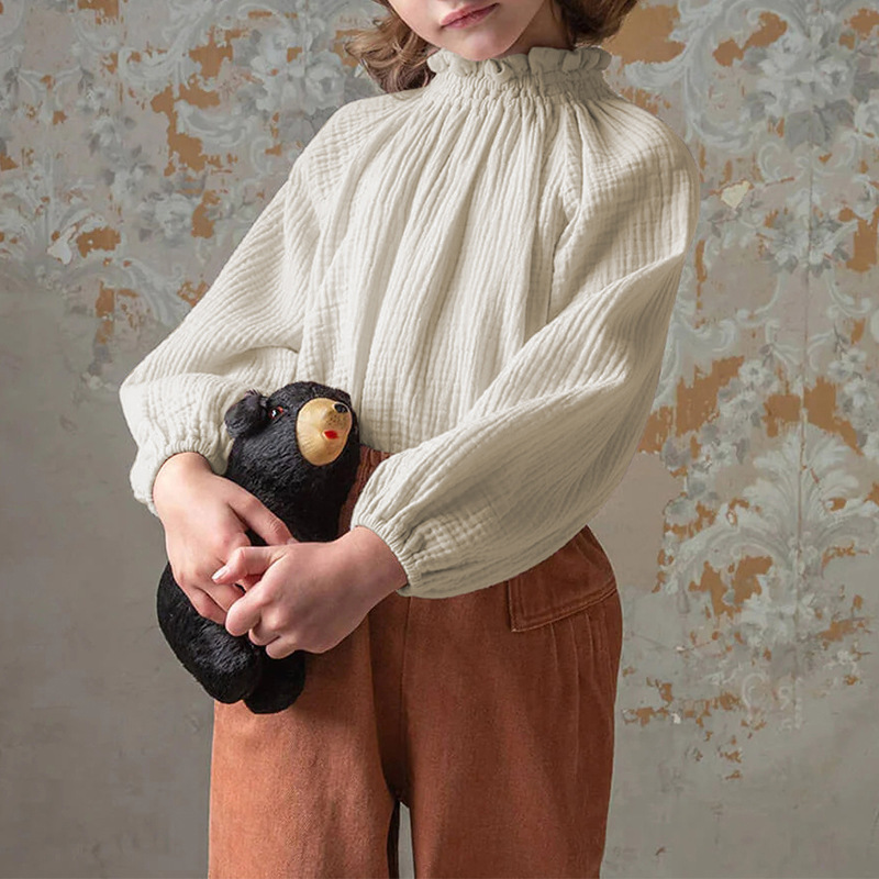 Primavera nueva camisa para niños suéter de oreja de madera camisa de manga larga algodón gasa de doble capa camiseta agradable para la piel bebé niña