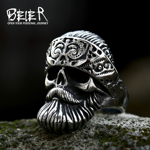 beier foreign trade retro bearded titanium steel ring wholesale punk style domineering stainless steel skull ring