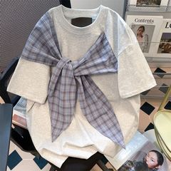 灰色蝴蝶结格子绑带拼接短袖t恤女2025夏季学院风设计感半袖上衣