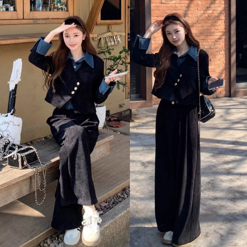 French-style retro denim patchwork jacket set, slimming and versatile, new spring/autumn women's suit with long pants, two-piece outfit French-style retro denim patchwork jacket set, slimming and versatile, new spring/autumn women's suit with long pants, two-piece outfit