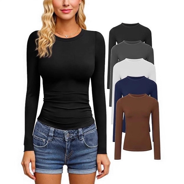 2026 European and American Cross-Border New Style Women's Long-Sleeve Solid Color Round Neck Slim-Fit Top Fashionable Basic T-Shirt for Going Out