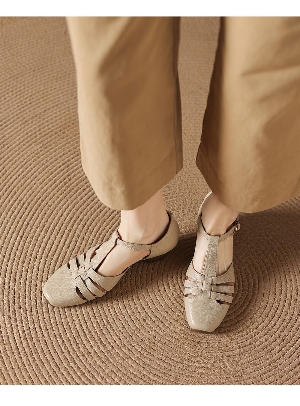 Sandal nữ da cừu dệt bao đầu mũi vuông gót dày 3.5cm quai ngang kiểu La Mã — màu trắng ngà chi tiết 7