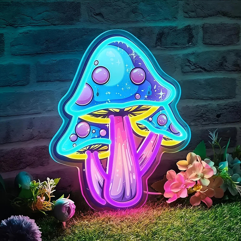 Color Uv Mushroom Neon Light Smiley Mushroom Decorative Luminous Light Sign Cartoon Pattern Bedroom Wall Lamp
