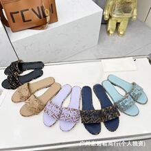 F家外贸欧美大牌中东俄罗斯荷兰母电绣一字拖平底拖平跟女式拖鞋