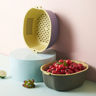 Multi-functional double-layer thickened draining basket portable kitchen plastic hollow draining basket for washing rice and vegetables
