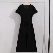 真丝连衣裙女短袖显瘦系腰带V领修身女装裙子女高级感桑蚕丝长裙