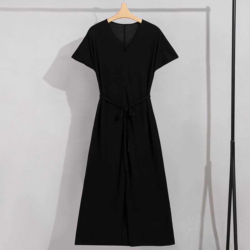 Silk Dress Women's Short-Sleeved Slimming Look Belt V Neck Slim Women's Dress Women's High-End Mulberry Silk Long Skirt