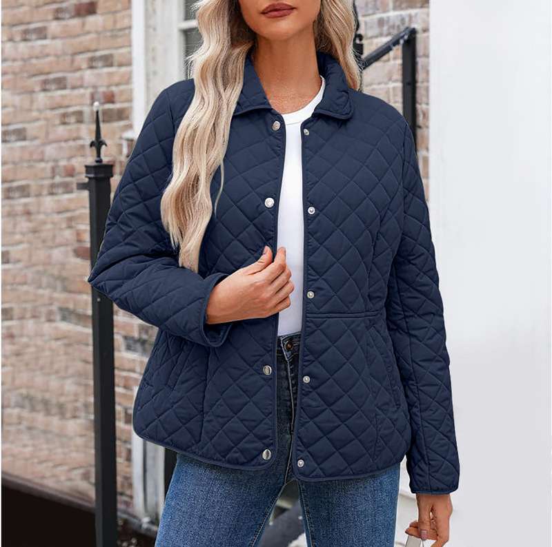 Amazon 2025 Autumn and Winter Women's Casual Pure Color Lapel Hidden Button Long-Sleeved Diamond Plaid Quilted Jacket