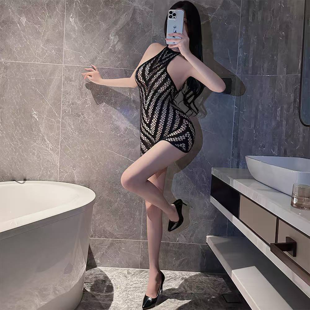 See-Through Mesh Bodycon Mini Dress, Backless Short Lingerie Skirt in Black, One Size — detail image 4