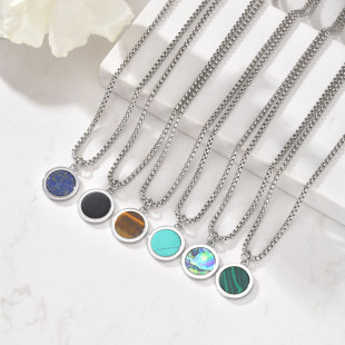 Stainless Steel Round Oval Brand Natural Stone Abalone Shells Necklace Men's Geometric Simple Pendant NC-1061