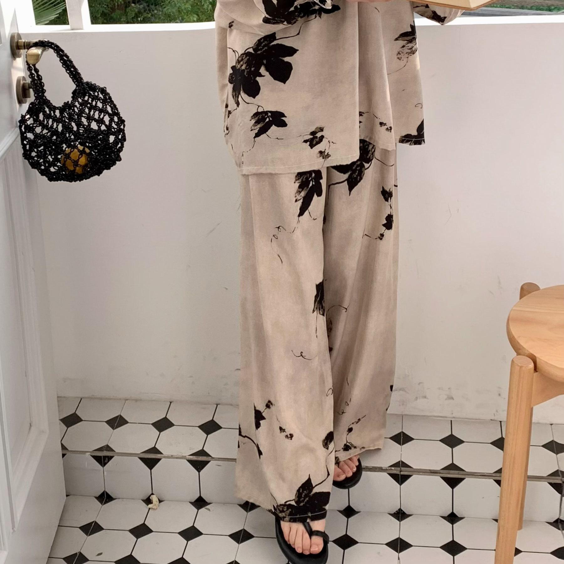 [Spot Clear] Nuevos pantalones anchos chinos de seda de algodón, pantalones de pijama perezosos de cintura alta rectos sueltos de primavera y verano para mujer