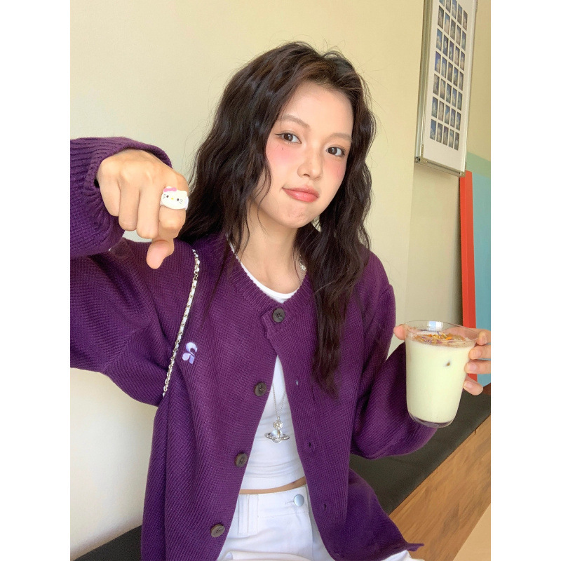 韩系慵懒风超显白紫色毛衣开衫外套女秋季休闲宽松针织开衫上衣|undefined