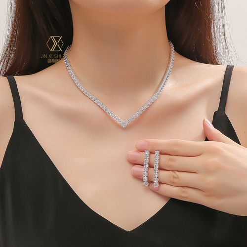 Cross-border supply hot-selling foreign trade jewelry full diamond zircon necklace earring set chain wedding dress jewelry simple set