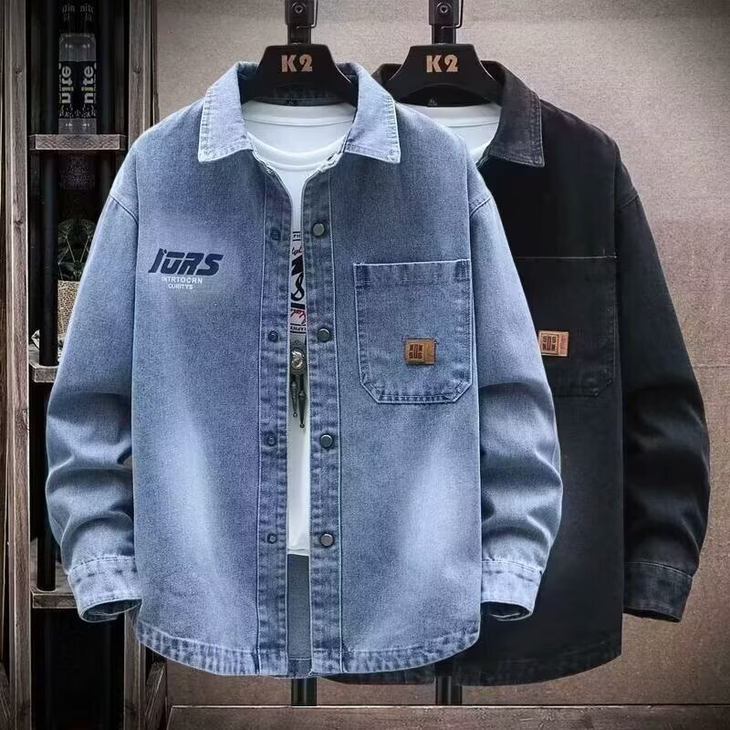Cross-Border Japanese Retro Spring and Autumn Black Denim Jacket for Men 2025 Trendy High Street Loose Casual Turn-Down Collar Jacket