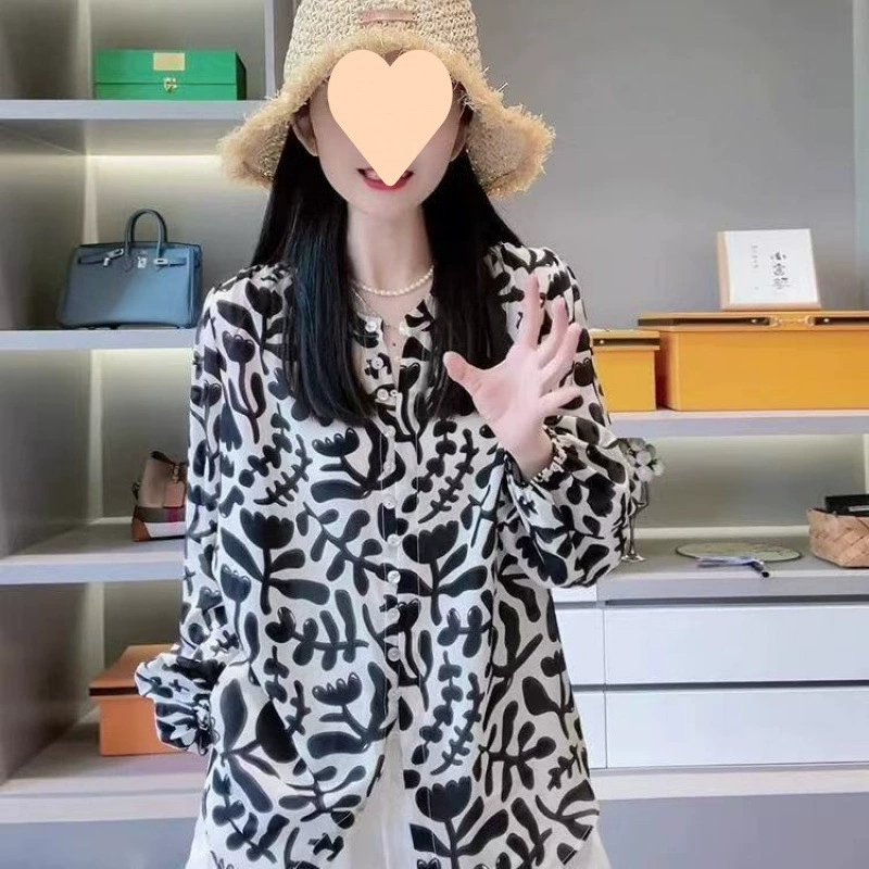 Тонкая рубашка с длинными рукавами, весна-лето 2025, новая мода, ретро-принт, свободный крой, стройнящий силуэт, топ в западном стиле