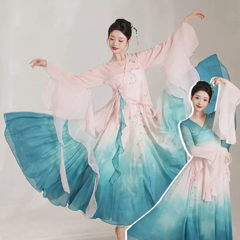 Классический танцевальный костюм с сетчатым топом с градиентом цветка пиона и струящейся большой юбкой для тренировочной одежды для китайских танцев.