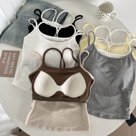 American-style Sweet and Spicy Contrast Color Fake Two-piece Camisole Women's Belt Chest Pad One-piece Cup Inner Wearing Outer Wearing Bottoming Beautiful Back Top