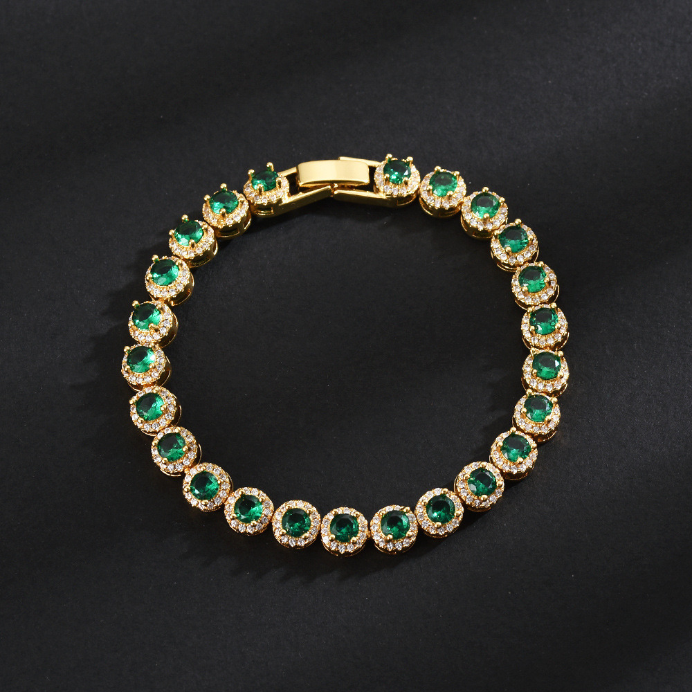 European and American Cross-Border Gold-Plated Emerald Tennis Bracelet for Men, Hip-Hop and Women, Personalized High-End Full Diamond Zircon Bracelet