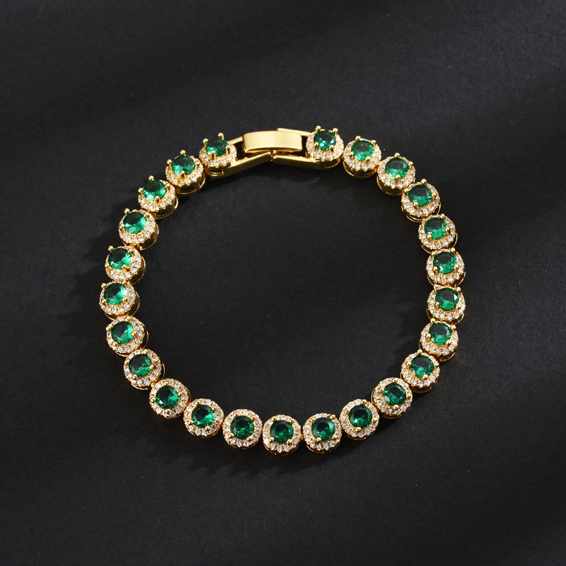 European and American Cross-Border Gold-Plated Emerald Tennis Bracelet for Men, Hip-Hop and Women, Personalized High-End Full Diamond Zircon Bracelet