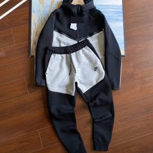 25春秋海外爆款风行者男士套装 钩子印花拼接休闲情侣连帽运动服