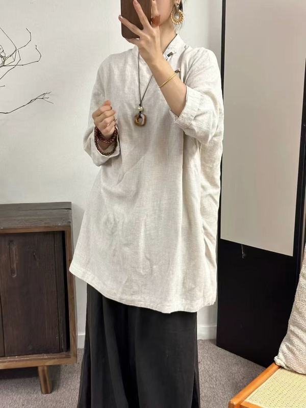 秋季新款时尚宽松复古港风休闲中国风立领中长款复古通勤连衣裙|undefined
