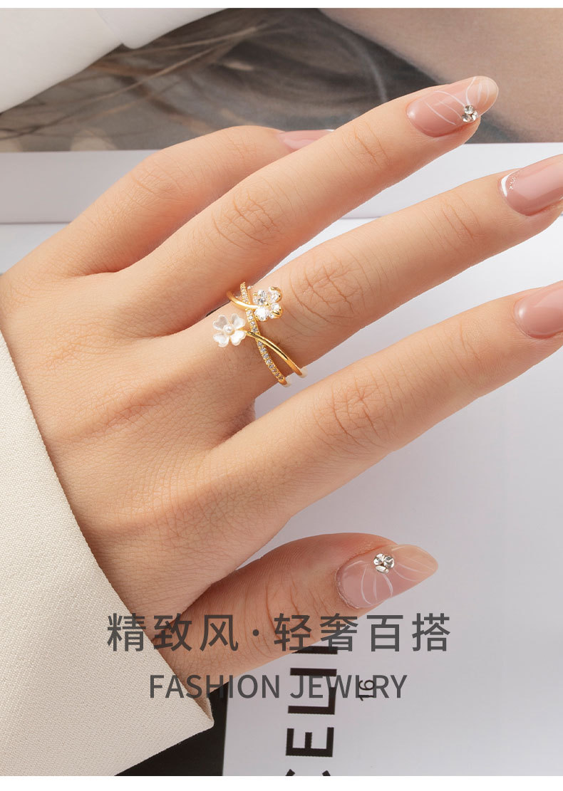 跨境时尚复古双排小花朵开口戒小众轻奢高级感食指戒新