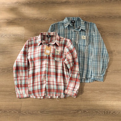 High-Quality Stu Tassel Shirt Jacket, Pure Cotton, Brushed Fabric, Embroidered Logo, Plaid Elements, Heavy-Duty Frayed Edges, Long Sleeves, Unisex