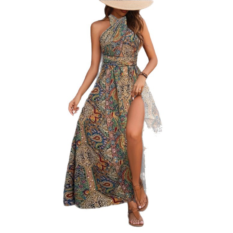 Bohemian Style Halter Neck Backless Split Long For Women Summer Vacation Printed Beach Dress With Large Swing_ecoleips.com