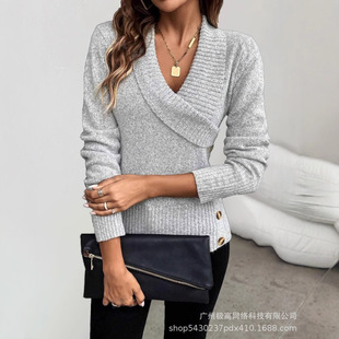 European and American Women's New Stand-alone Shawl Collar Button Detail Sweater