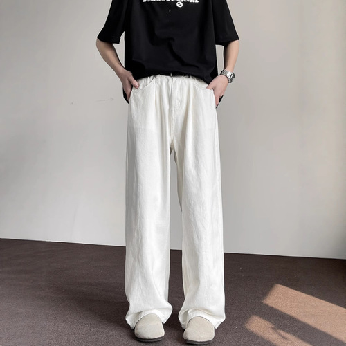 Summer American High Street White Denim Jeans for Men - Advanced Style Loose Straight Leg Wide Leg Floor-Length Versatile Long Pants