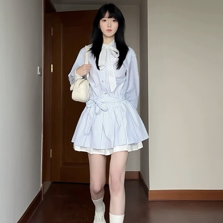 法式气质拼接条纹设计感衬衫连衣裙女装春秋新款长袖收腰显瘦短裙|undefined
