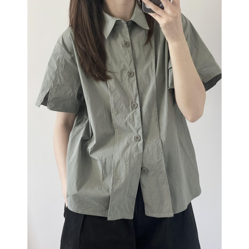 日系短袖衬衫女夏季复古设计感小众工装polo领薄款夏天衬衣外套潮|undefined
