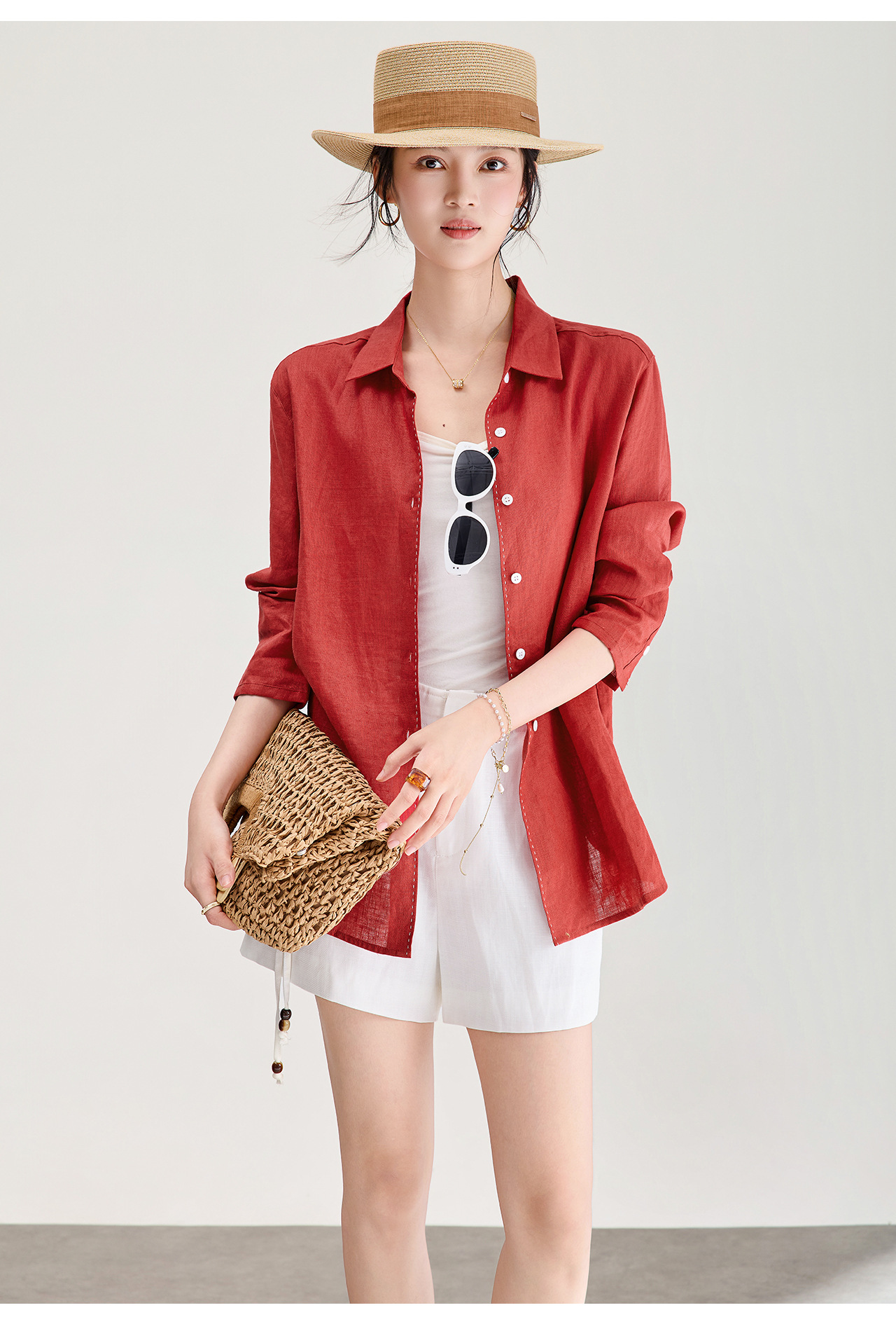 Áo sơ mi nữ linen chất lượng cao, phong cách cổ điển thư giãn, dáng rộng mùa hè — Đỏ Vermilion chi tiết 15
