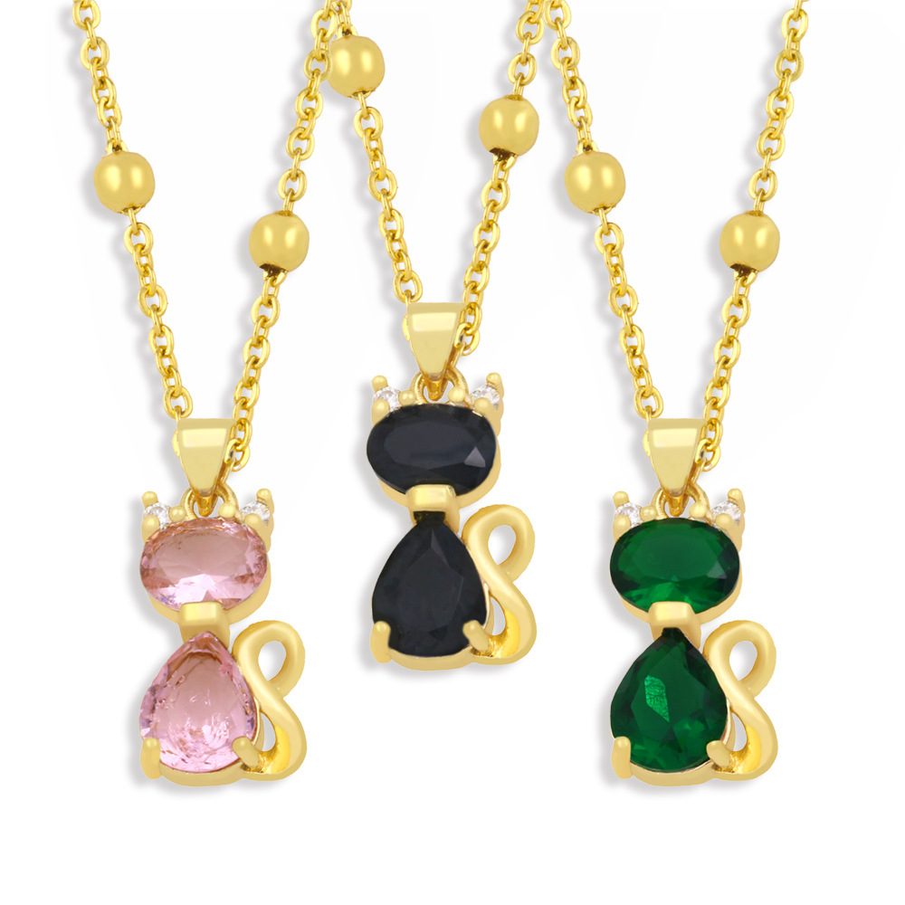 fashion micro-inlaid zircon cute cat copper necklace