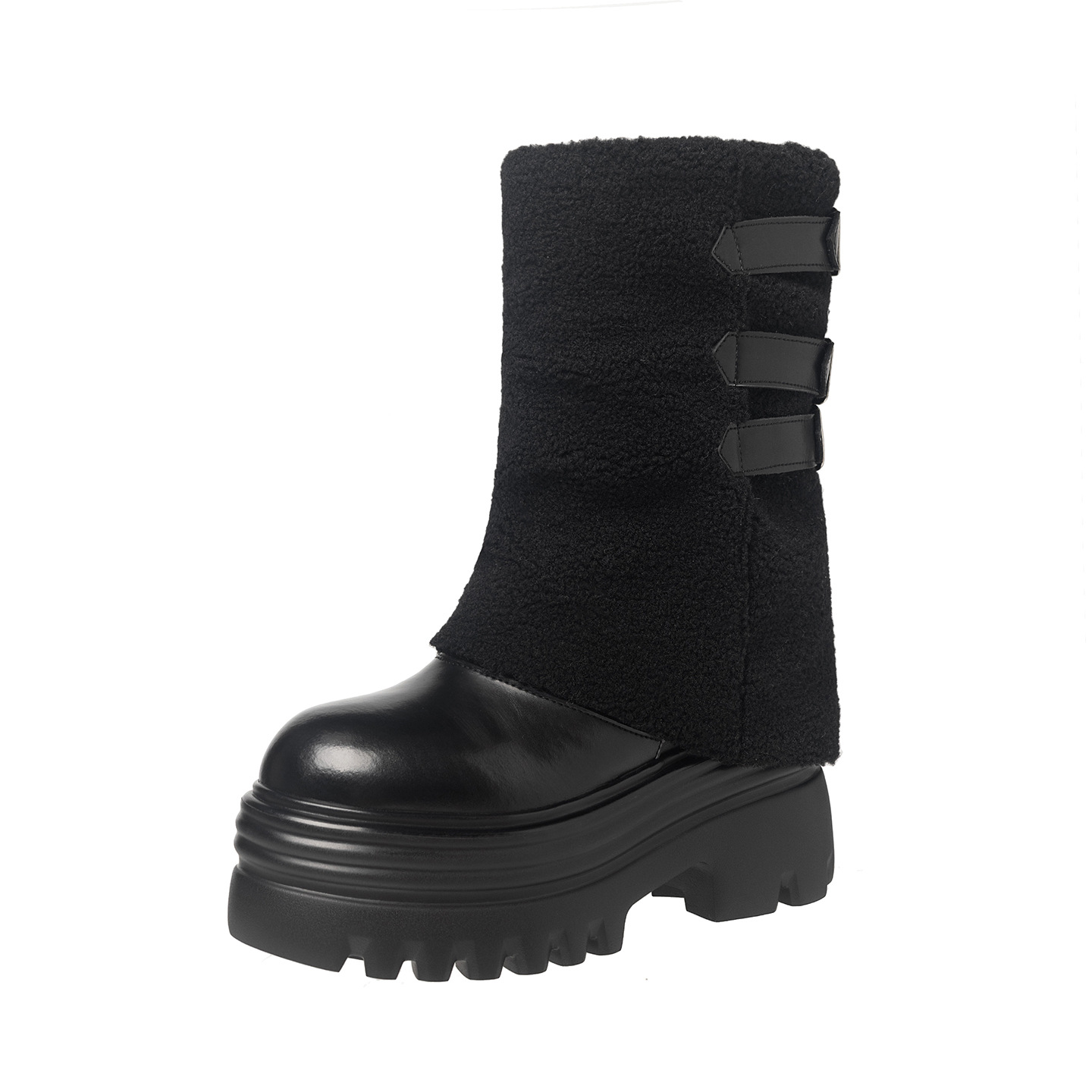 Giày boot nữ cổ thấp đế dày lông ấm khóa thắt lưng — Trắng nhạt 15CM