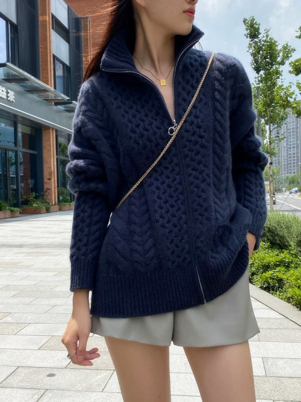 重磅加厚羊毛衫女绒高领拉链毛衣开衫慵懒宽松麻花针织上衣外套|undefined