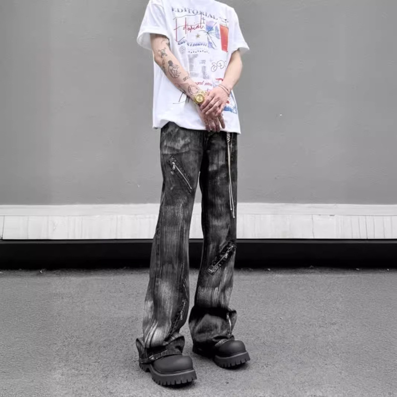 American Retro Waxed Heavy-Duty Dirty Wash Flared Jeans Unisex Versatile High Street Zipper Design Long Pants Trendy