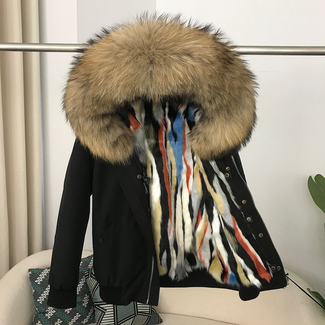 Damkläder Ny Parker Kort Moderiktig Pälsjacka för Dam Storstorlek Tvättbjörnspälskrage Avtagbar Minkpälsfoder_voghion.com