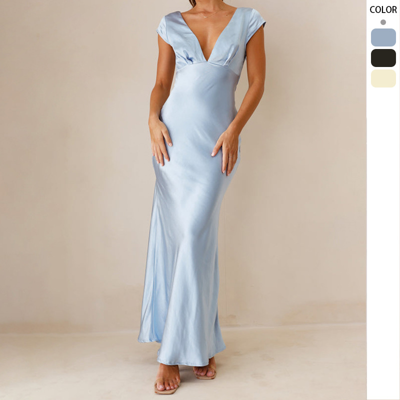 2025 Export European and American Clothing New Sexy Deep V Slim Backless Elegant Dress Women's Mid-Length Skirt